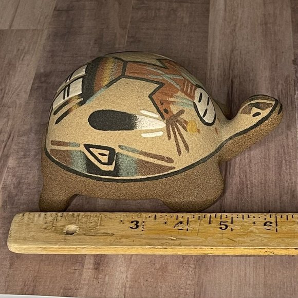 Vtg 80s Native Sand Art Painting Turtle Tortoise w Yei Figure Southwest 6” L - Picture 14 of 16